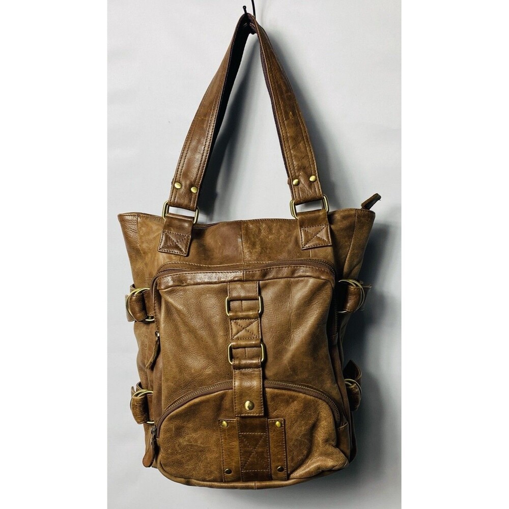 Anthropologie De.De. Brown Leather Boho Style Bag w/ Brass Hardware 14”x12”